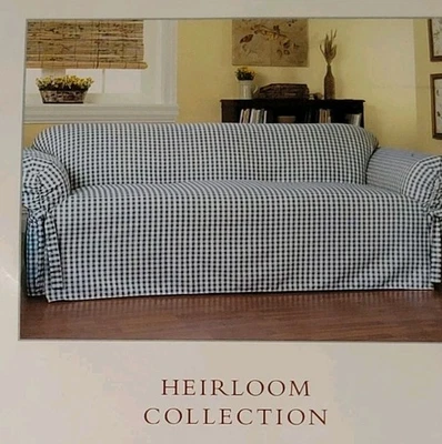 Waverly One Piece SOFA Cover Cotton Slipcover Couch Blue Check New In Packaging  - Image 1 of 4