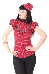 SugarShock Romina 50s Retro Polka Dots Standing Collar Blouse Rockabilly Pin Up - Picture 1 of 8