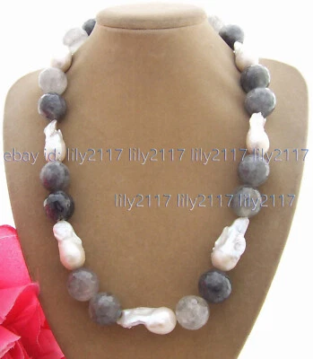 Ожерелье с огромным белым жемчугом кеши барокко граненый серый кварц 12 мм круглые драгоценные камни 18 дюймов - Изображение 1 из 3