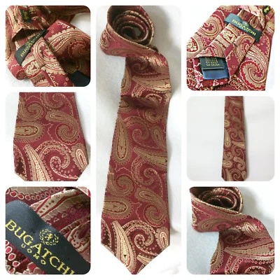 NUEVO $145 Bugatchi, corbata clásica de cachemira 100 % seda roja y dorada para hombre. Italia nuevo sin etiquetas Foto 1 de 4