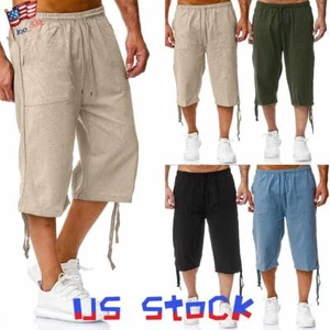 Men's Summer Cotton Linen Drawstring 3/4 Length Pants Casual Baggy Capri Shorts - Picture 1 of 33