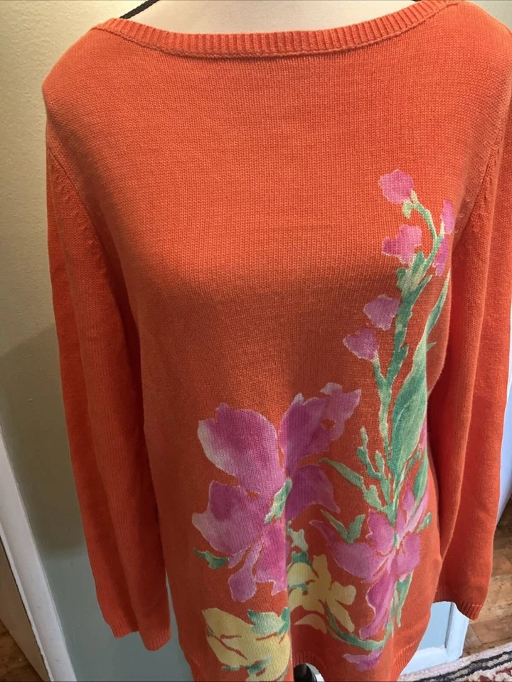 Suéter tejido Ralph Lauren para mujer naranja rosa flores talla XL  Foto 1 de 4
