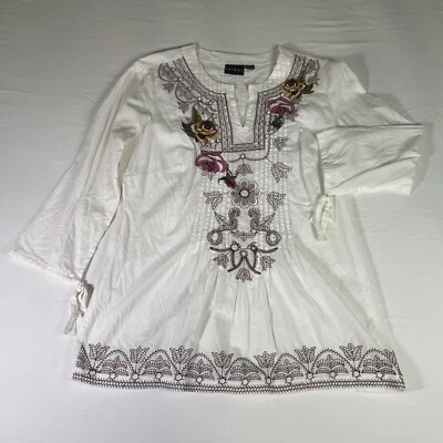 Blusa Tribal Feminina Tamanho 4 Branca Boho Bordada Floral Manga Amarrada Top. Novo. - Imagem 1 de 4