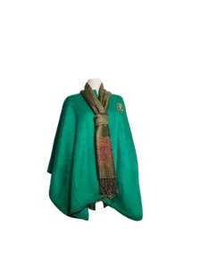 100% Wool Heavy Emerald Green Poncho Cape Sweater Coat Alpaca Top Button 3pc - Picture 1 of 6