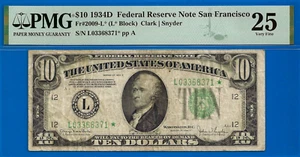 1934D $10 Federal Reserve Note PMG 25 rare 10 known San Francisco star Fr 2009-L - Picture 1 of 3