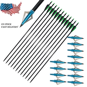 12pcs 28" fiberglass Arrows Spine 500+ 12Pcs BroadheadsCompound Recurve Bow Case - Picture 1 of 6
