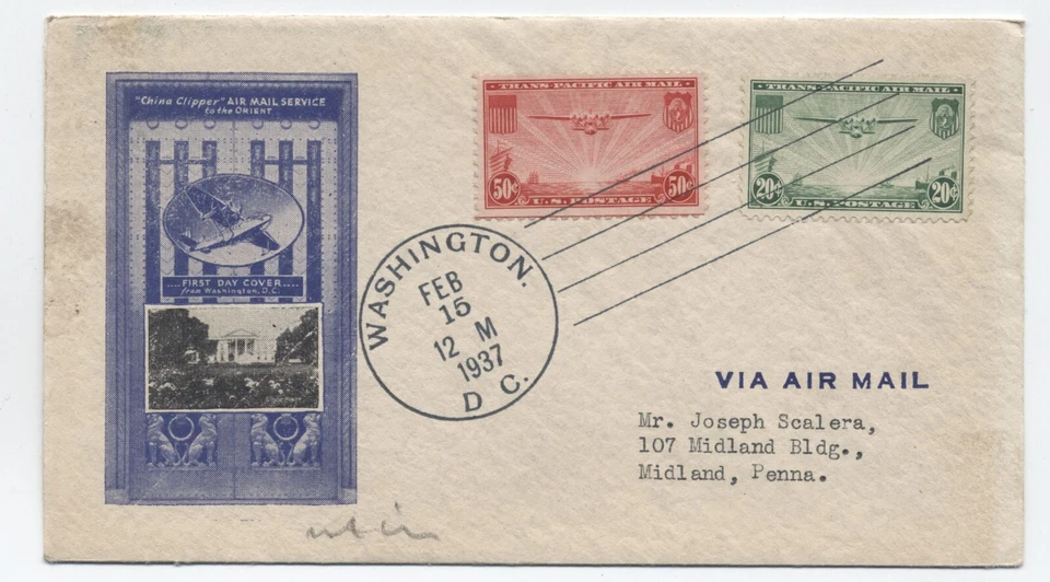 1937 20 and 50 cent china clipper airmails C21-C22 on cacheted FDC [y9297] - Image 1 of 3