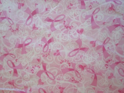BREAST CANCER RIBBONS CASCADING HEARTS INSPIRATION COTTON FABRIC 8 IN SCRAP CUT - Image 1 of 4