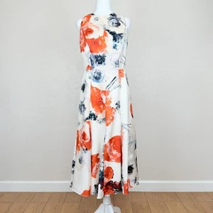 Carmen Marc Valvo Silk Floral Midi Dress Abstract Rose Hydrangea Print Size 6 - Picture 1 of 19