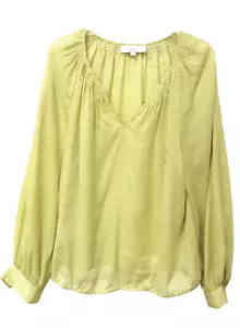 LOFT Green/Black Tiny Dot Print Semi-Sheer Pleated Full Sleeve Blouse Women M - Picture 1 of 7