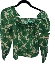 100% Cotton Crewcuts girls XL Green and White Floral Ruffle Puff Sleeve Blouse - Picture 1 of 4