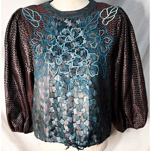 Diane Freis Top Shirt Vintage 80s Medium Floral Embroidered Teal Brown Puff - Picture 1 of 6