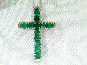 3.00 CT Emerald Cut Green Emerald Cross Pendant Necklace 14k White Gold Finish - Picture 1 of 3