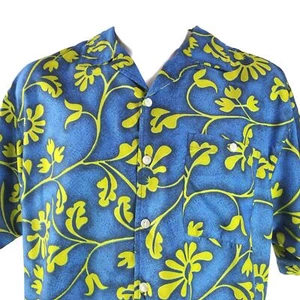 Ocean Pacific Hawaiian Aloha Shirt Large Blue Green Vines Floral Polyester - Picture 1 of 6