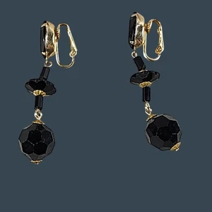 Gold-Tone Black Beaded Clip-On Dangling Earrings 2 Inches Long - Picture 1 of 6