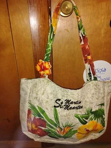 Borsa da spiaggia quotidiana Jamaica Indie occidentali design ibisco con accento legno 14x15x7 - Foto 1 di 4
