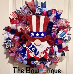 Handmade 4th of July Patriotic Firecracker Gnome Prelit Ribbon Wreath 22 in LED - Picture 1 of 10