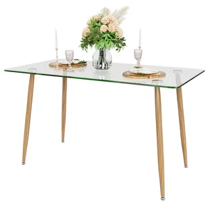 Modern Glass Dining Table Rectangular Dining Room Table W/Metal Legs For Kitchen - Picture 1 of 10