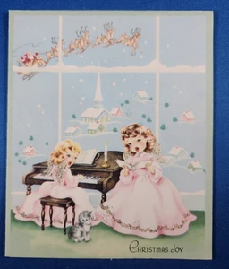 1952 Wallace Brown Christmas Card Santa Sleigh Church Girl Angels Piano Glitter - Bild 1 von 4