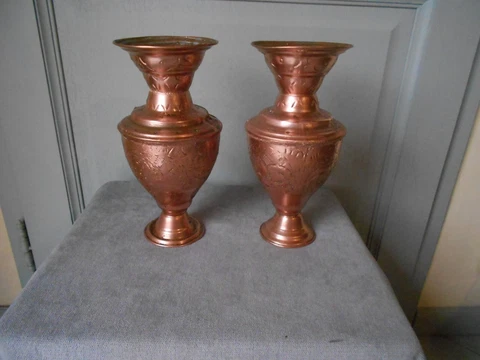 Pair French Vintage FLORAL copper Pots Vases Planters Cover