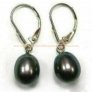 Pretty 8-9MM Natural Black Cultured Pearl Silver Dangle Earring  - Picture 1 of 12
