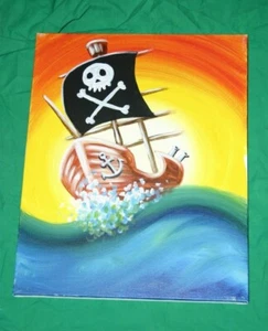 AVAST YE MATEY PIRATE SHIP PAINTING ORIGINAL ART SKULL CROSS BONES WHIMISICAL OA - Picture 1 of 4