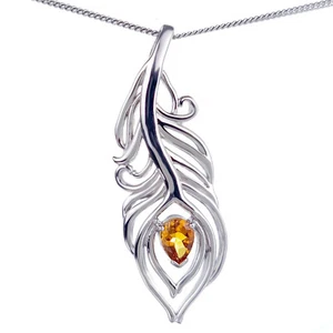 Citrine Necklace Sterling Silver Peacock Feather Yellow November Birthstone - Picture 1 of 11