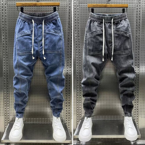 Men Jeans Elastic Drawstring Waist Pockets Design Denim Pants Harem ...