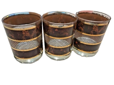 💚JUEGO 3 VASOS DE WHISKY VINTAGE GEORGES BRIARD ORO CASTAÑO DOBLE ANTICUADOS Foto 1 de 4