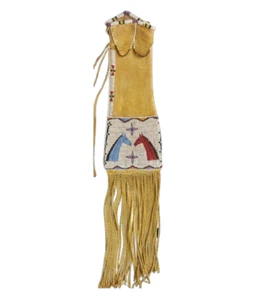 Old American Buffalo Tan Hide Sioux Beaded Tobacco Bag Fringes 6 x 32 '' NPB1123 - Picture 1 of 2