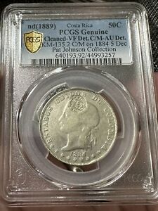 1889 COSTA RICA 50 CENTAVOS PCGS VF-C/M AU DETAILS VERY SCARCE 