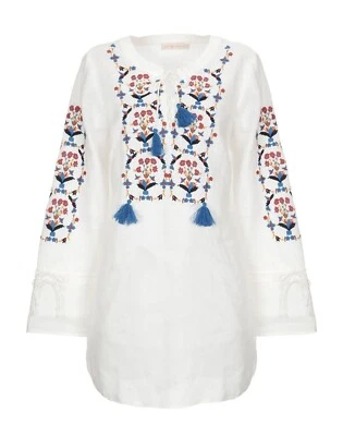 Túnica blanca bordada de lino Tory Burch con detalles bordados azules talla S Foto 1 de 4