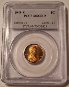 PCGS 1948 S Lincoln Wheat Cent MS67 RED - Picture 1 of 4