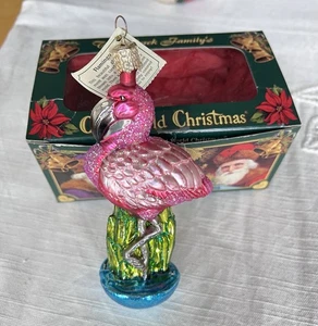 NUOVO Vintage 2001 Vecchio Mondo Natale Vetro Soffiato Ornamento, Fenicottero Con Scatola OWC - Foto 1 di 11