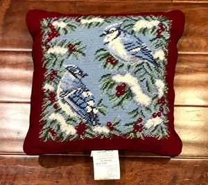 Lands End Escena de Invierno Lana Punta de Aguja Almohada Azul Jay Holiday 13" x 13" - Imagen 1 de 7