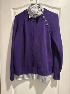 Lauren Ralph Lauren Sweater Top Button Striped Layered Look M Royal Purple - Picture 1 of 15