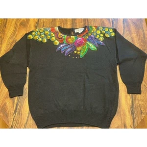 Victoria Harbour Ladies Black And Colored Sequin Beaded Party Sweater M Vtg - Picture 1 of 14