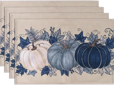 Fall Thanksgiving Placemats Set of 4,Buffalo Plaid Blue 12x18 Inch,  - Image 1 of 4