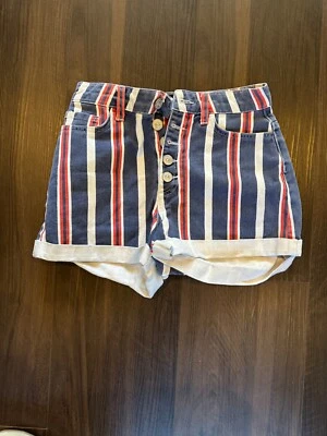 Pantalones Cortos Urban Outfitters Para Mujer BDG Tiro Alto Denim Azul Rojo Rayas Talla W26 Foto 1 de 3
