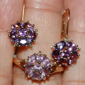 T&C 10K Yellow Gold Ring Wit-Matching Stud Hooks Earrings Set Amethyst Gemestone - Picture 1 of 8