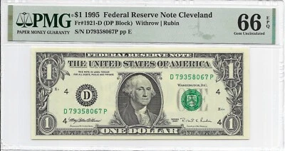 1995 $1 CLEVELAND FRN. PMG GEM Uncirculated 66 EPQ Banknotes. D/P Block - Image 1 of 2