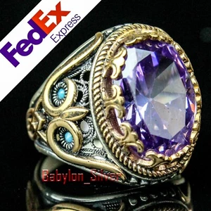 Turkish Handmade 925 Sterling Silver Purple Amethyst Stone Mens Ring All Sizes - Picture 1 of 5