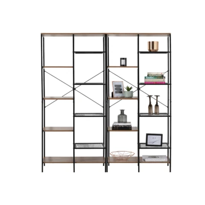 2 x 9 Tier Storage Bookshelf Mid Oak Style With Industrial Details 1700mmH  - Image 1 of 3