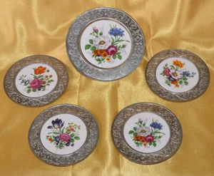 5 Untersetzer Zinn mit Porzellan 7 Blumen Dekor - 50er/60er Jahre - Bild 1 von 4