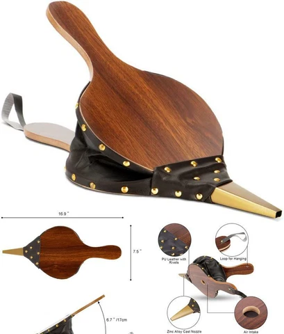 Fireplace Bellows 17"x7.5" Large Wood Air Blower Cast Nozzle for Outdoor Camping Cover