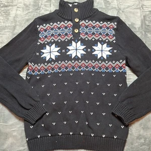 CHAPS 1/4 Button Fleece Collar Fair Isle Sweater Boys Sz L (14/16) Black Holiday - Picture 1 of 9