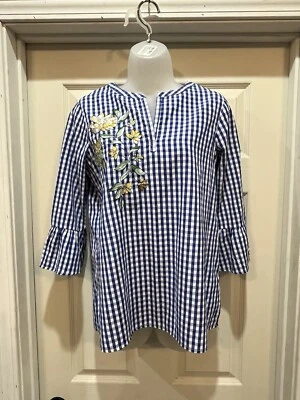 Blusa Avon Signature Collection bordada boho listrada azul branca tamanho pequeno - Imagem 1 de 4