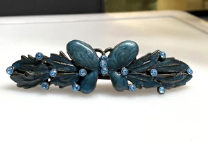 Vintage Hair Clip Jewellery Blue Crystals Diamante Butterfly Design Metal Enamel - Picture 1 of 8