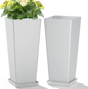 Set of 2 Large Tall Planter for Indoor or Outdoor 24" Tall Flower Pots Tapered T - Picture 1 of 12