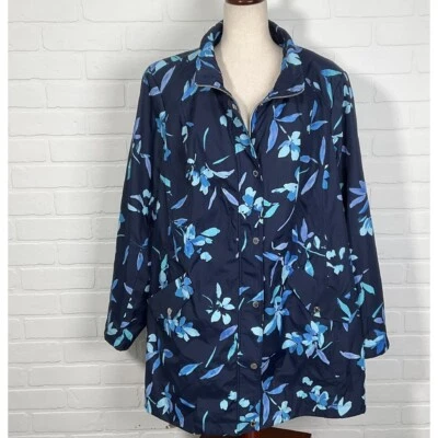 Chaqueta Dennis Basso Mujer 2X Azul Marino Floral Abrigo de Lluvia Cremallera Completa Snap Softshell Foto 1 de 4